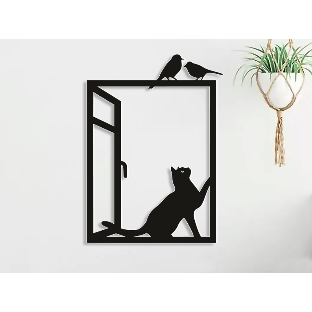 Aplique decorativo janela com gato em PLA
