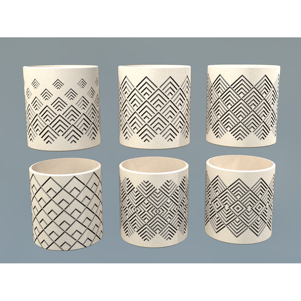 Conjunto 6 vasos decorativos 3D padrão montanhas