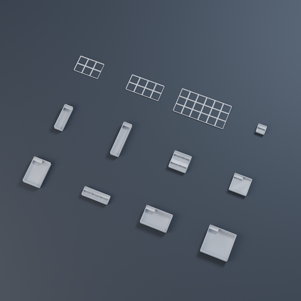 Kit de gaveta Gridfinity - 14 caixas + 4 placas de base largas